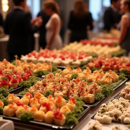 Buffet elegante per un evento di catering con stuzzichini e finger food.