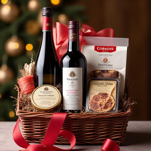Cesto regalo gourmet splendidamente confezionato con vino e prelibatezze.